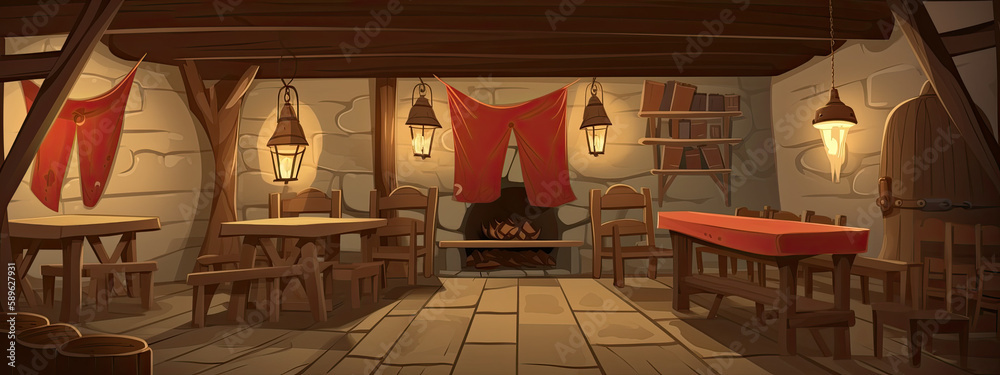 Medieval tavern interior design cartoon style, generative ai Stock ...