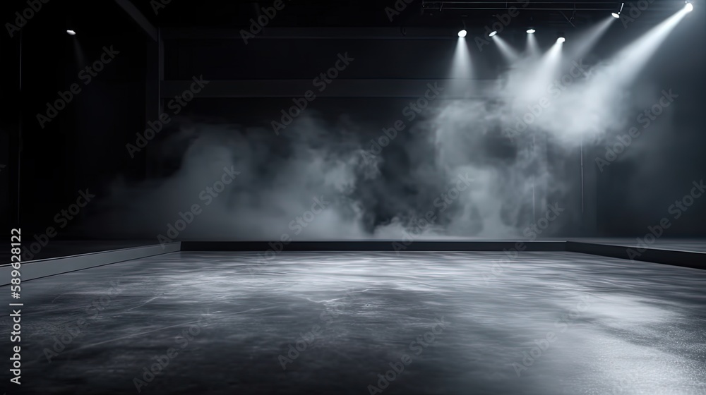 white smoke and spotlights shine on stage floor in dark room, idea for background backdrop, abandon room or warehouse, Generative Ai