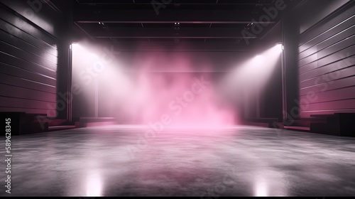 cute pink  smoke and spotlights shine on stage floor in dark room  idea for background backdrop  abandon room or warehouse  Generative Ai