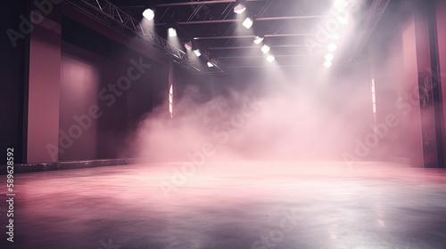 cute pink  smoke and spotlights shine on stage floor in dark room  idea for background backdrop  abandon room or warehouse  Generative Ai