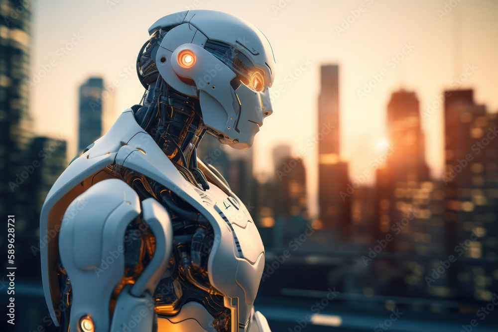 Advanced AI robot contemplating its existence in futuristic cityscape Advanced AI robot contemplating its existence in futuristic cityscape