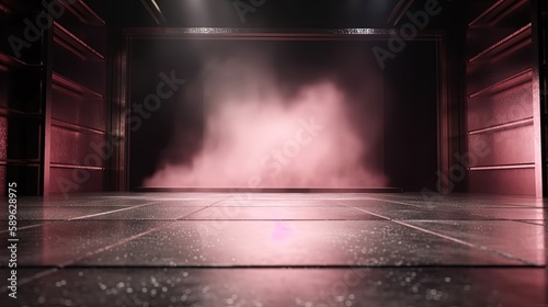 pink smoke and spotlights shine on stage floor in dark room  idea for background backdrop  abandon room or warehouse  Generative Ai