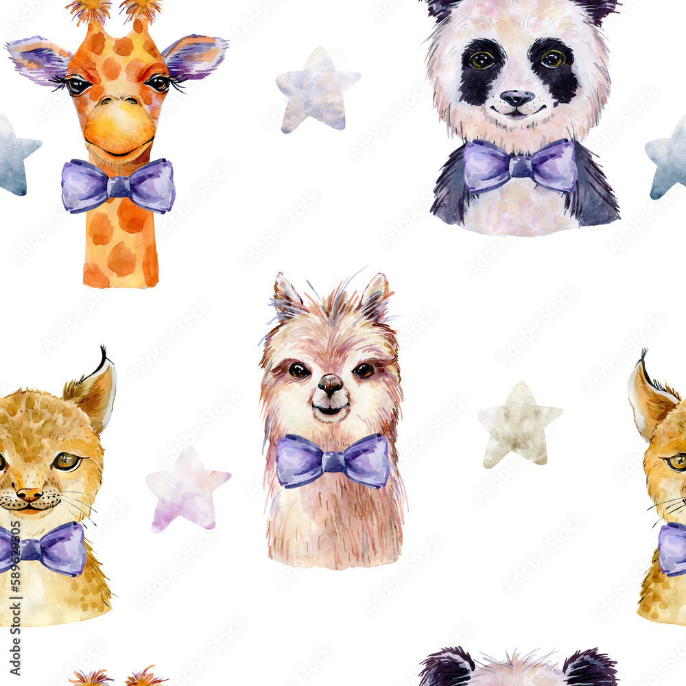 Obraz premium Watercolor seamless pattern with animals on white background.