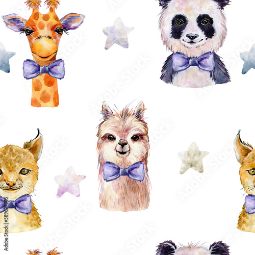 Watercolor seamless pattern with animals on white background.
