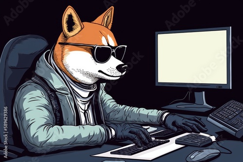 A Shiba Inu looking at the trading Screen