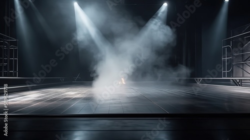 grey white smoke and spotlights shine on stage floor in dark room, idea for background backdrop, abandon room or warehouse, Generative Ai