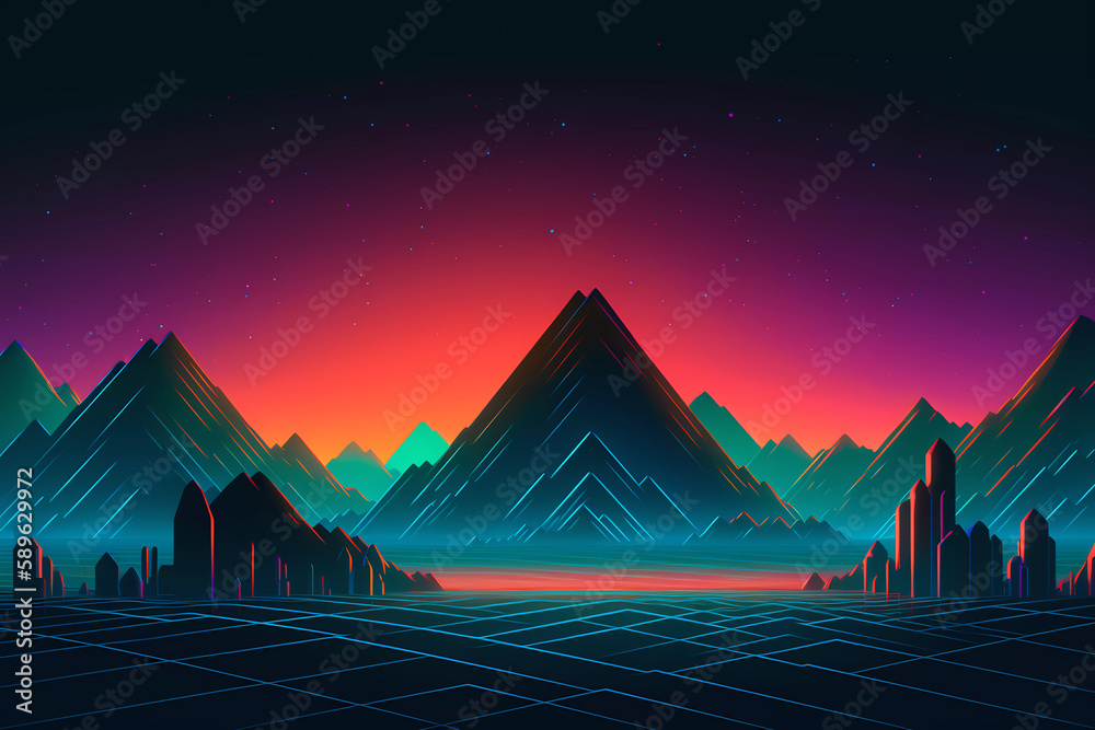 Retro-Futuristic Cyberspace: Neon Glitch Mountain Landscape with AI Nostalgia - Digital Vaporwave Illustration. Made with a help of AI. 