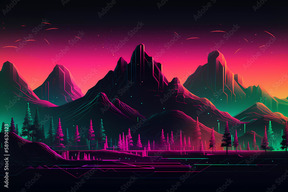 Retro-Futuristic Cyberspace: Neon Glitch Mountain Landscape with AI Nostalgia - Digital Vaporwave Illustration. Made with a help of AI. 