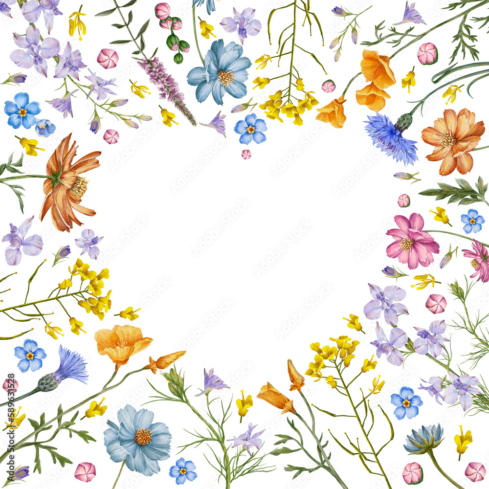 Heart floral frame. Meadow flowers and herbs background. Hand drawn flowers