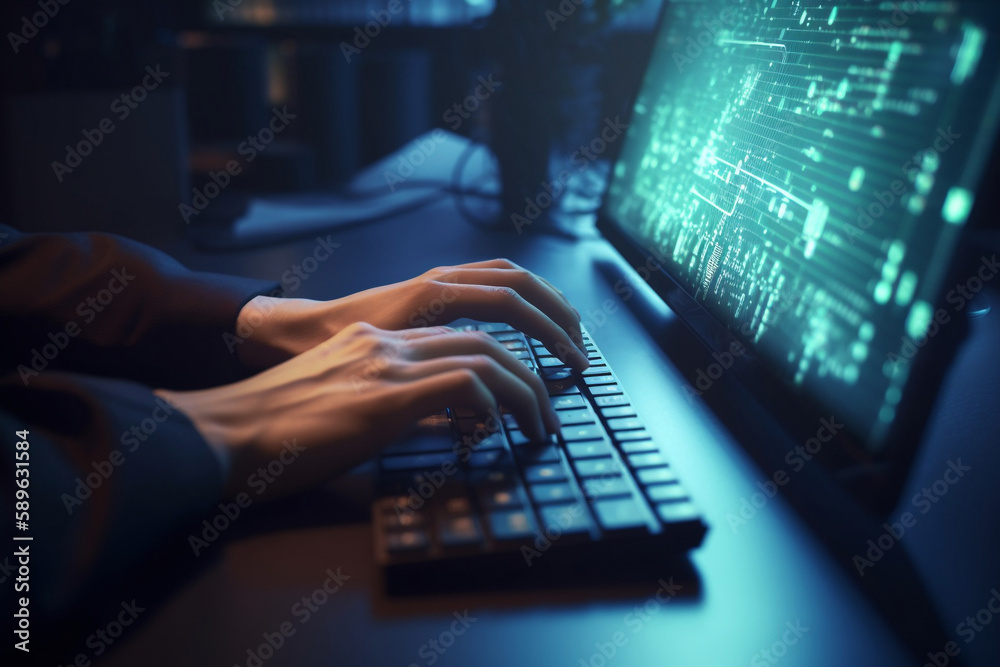 Two hands typing on a keyboard, Cybersecurity, Network Protection, Data Protection, Safety, Hacking Two hands typing on a keyboard, Cybersecurity, Network Protection, Data Protection, Safety, Hacking