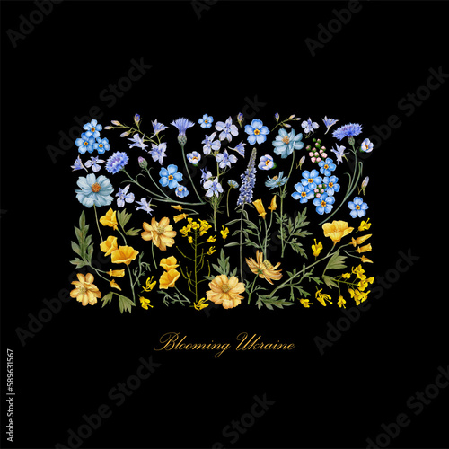 Ukraine flag concept. Floral flag. Meadow flowers background