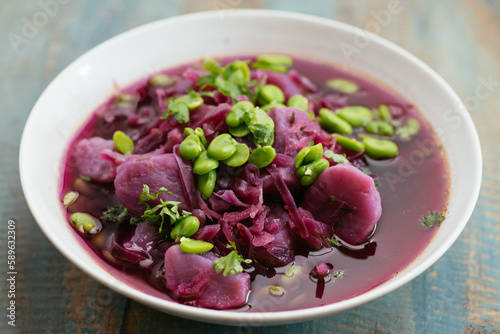 Purple Cabbage Soup with Purple Potatoes and Fava Beans