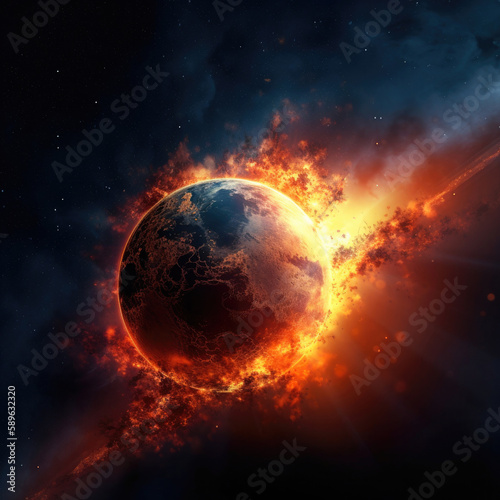planet in space, flames, burn