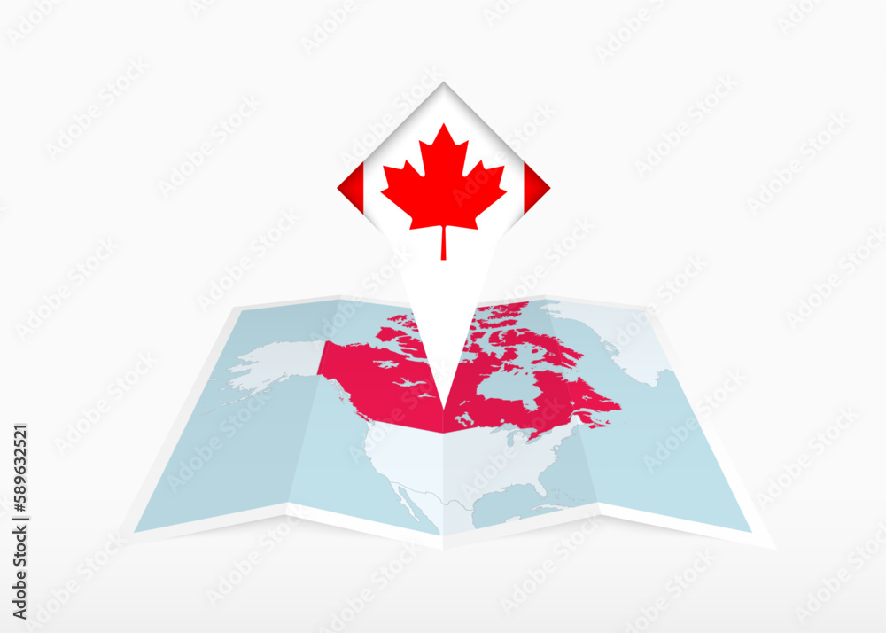 Obraz premium Canada is depicted on a folded paper map and pinned location marker with flag of Canada.