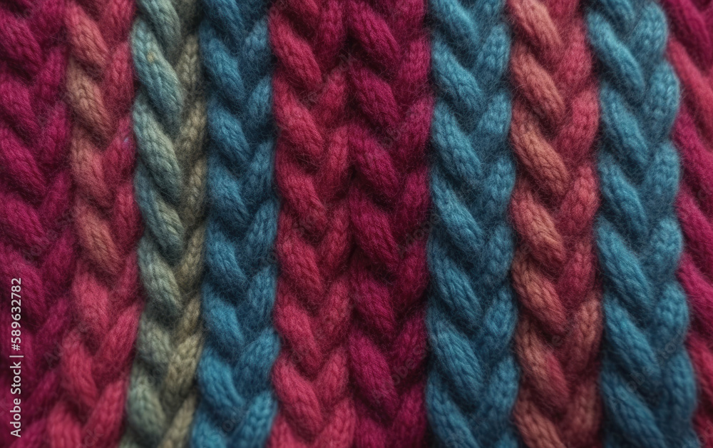 Colorful knitting wool texture background. Closeup of a hand knitted pattern. Generative AI