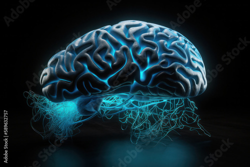 Glowing blue human brain on dark background