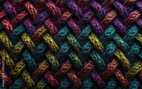 Knitted wool pattern. Handmade knitting wool texture. Colorful yarn background. Generative AI