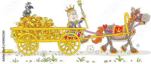 Angry king carrying chopped firewood from a forest on an old wooden cart pulled by a funny royal horse, vector cartoon illustration isolated on a white background