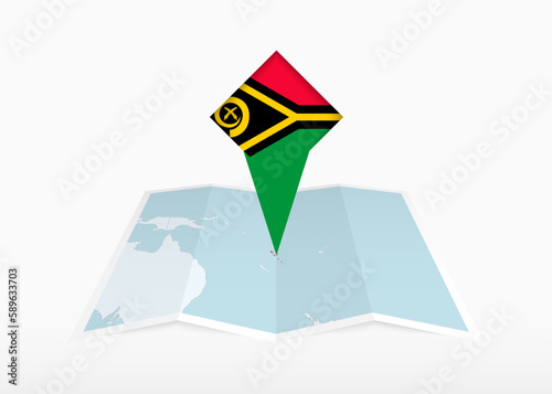 Vanuatu is depicted on a folded paper map and pinned location marker with flag of Vanuatu.
