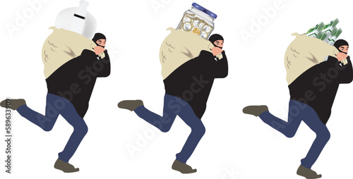 Man dressed in black with currency robbery mask and deposit-