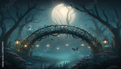 Mystical Forest with Cherry Tree Bridge