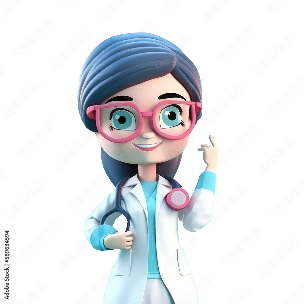 Young smiling woman doctor, medical specialist Medicine concept. Cute 3d icon people character illustration. Cartoon minimal style on isolated transparent background png. Generative ai