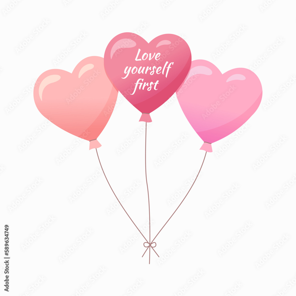 Self love flat illustration. Cute vector illustrations with heart balloons with a description. Love yourself first vector inscription
