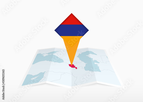 Armenia is depicted on a folded paper map and pinned location marker with flag of Armenia.