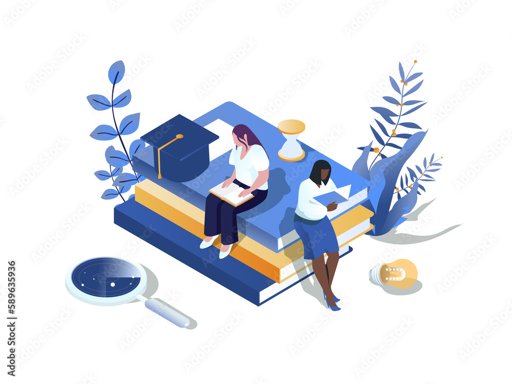 Knowledge concept 3d isometric web scene. People reading different books and textbooks for improving skills and preparing graduates exam at university. Illustration in isometry graphic design Knowledge concept 3d isometric web scene. People reading different books and textbooks for improving skills and preparing graduates exam at university. Illustration in isometry graphic design