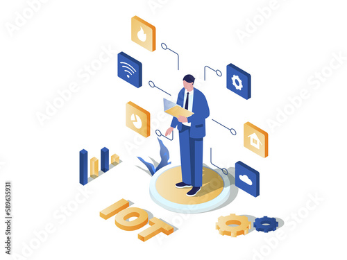 IOT analytics concept 3d isometric web scene. People working with data collected from different IOT devices, using database and cloud processing data. Illustration in isometry graphic design © alexdndz