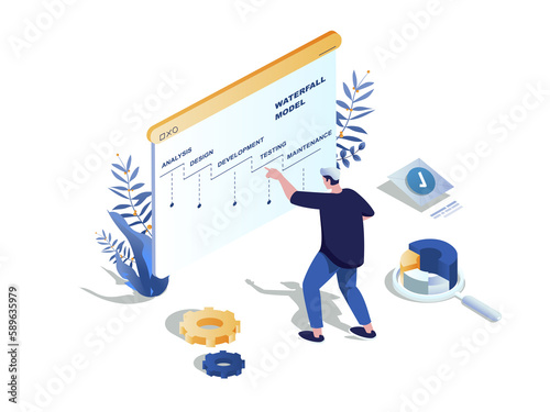 Waterfall development concept 3d isometric web scene. People creating software at IT company and using data visualization plan with steps and workflow. Illustration in isometry graphic design