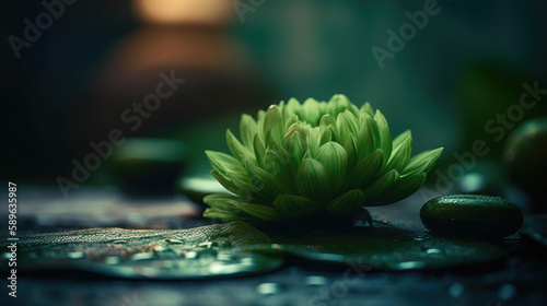Spa still life composition. Clean and calm ambiente. Zen and Green. Droplets of water on top of a green leaf. Generative ai.