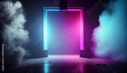 Neon empty stage with neon smoke in back with spot light Created with Generative AI technology