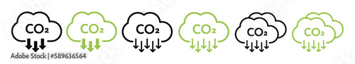 Reduce co2 gas icon set. carbon reduction cloud sign. cut c02 pictogram. zero carbon emission. zero greenhouse gas low co2 logo. cut carbon bubble vector. line Stock vector in black and green collecti photo