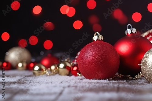 red Christmas balls on snow. generative ai