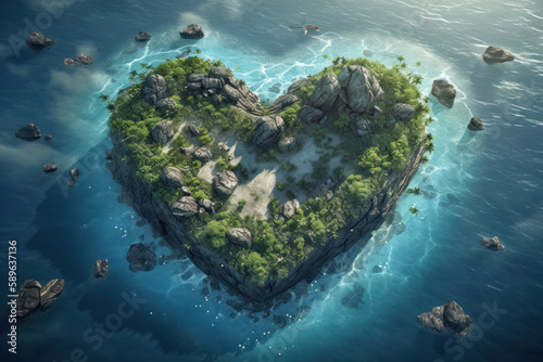A top view of a heart-shaped island with a boat anchored at its shore, surrounded by crystal clear blue waters. The perfect getaway for a honeymoon or romantic vacation. AI Generative. © sorapop