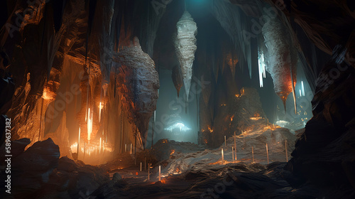 Mysterious Cave Illuminated by Orange Lights, generative ai