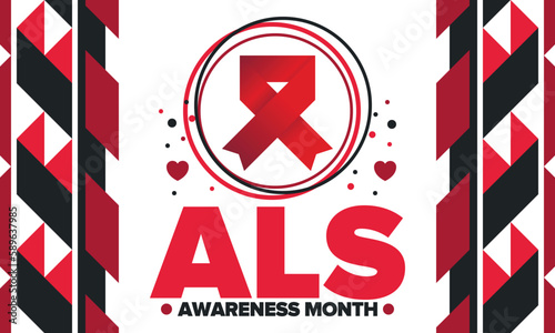 ALS Awareness Month. Amyotrophic lateral sclerosis. Annual campaign is held in May in United States. Control and protection. Prevention campaign. Medical health care concept. Vector illustration