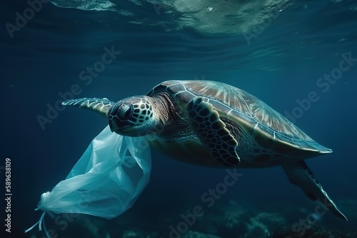 Plastic Pollution In Ocean - Turtle Eat Plastic Bag - Environmental Problem. Generative AI