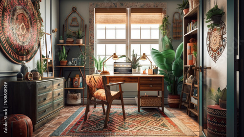 Home office interior idea with natural wood furniture, industrial, eclectic style. Generative-ai-assisted concept.