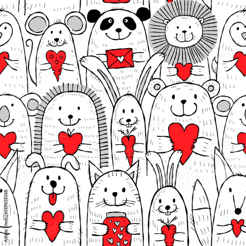 Cute animals with hearts in hands together. Be my Valentine. Valentine's day ...