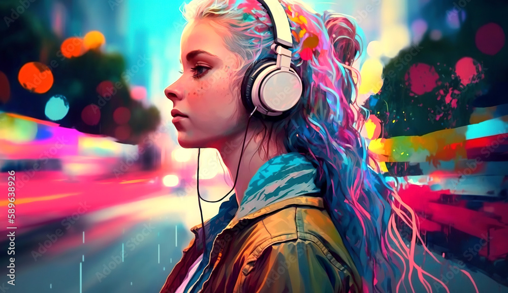 Side View of Girl with Headphones and a colorful Neon Street Background, generative ai