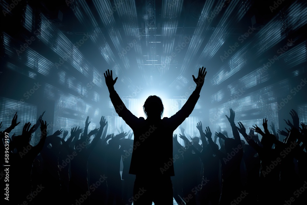 Silhouette of anonymous fan raising hands while having fun on music show in club. Generative AI Silhouette of anonymous fan raising hands while having fun on music show in club. Generative AI