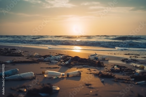 Spilled garbage on the beach of the big city Empty used dirty plastic bottles Dirty sea sandy shore. Generative AI