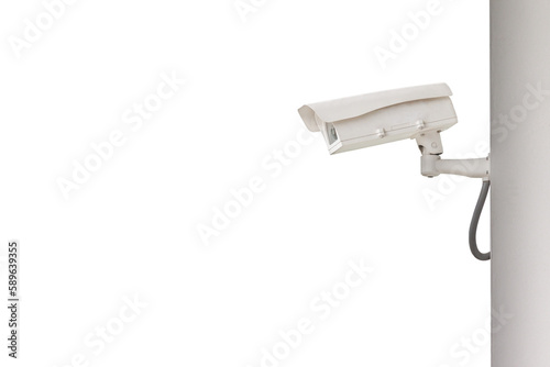 Sideview of CCTV surveillance security camera install on the wall isolated in white background.