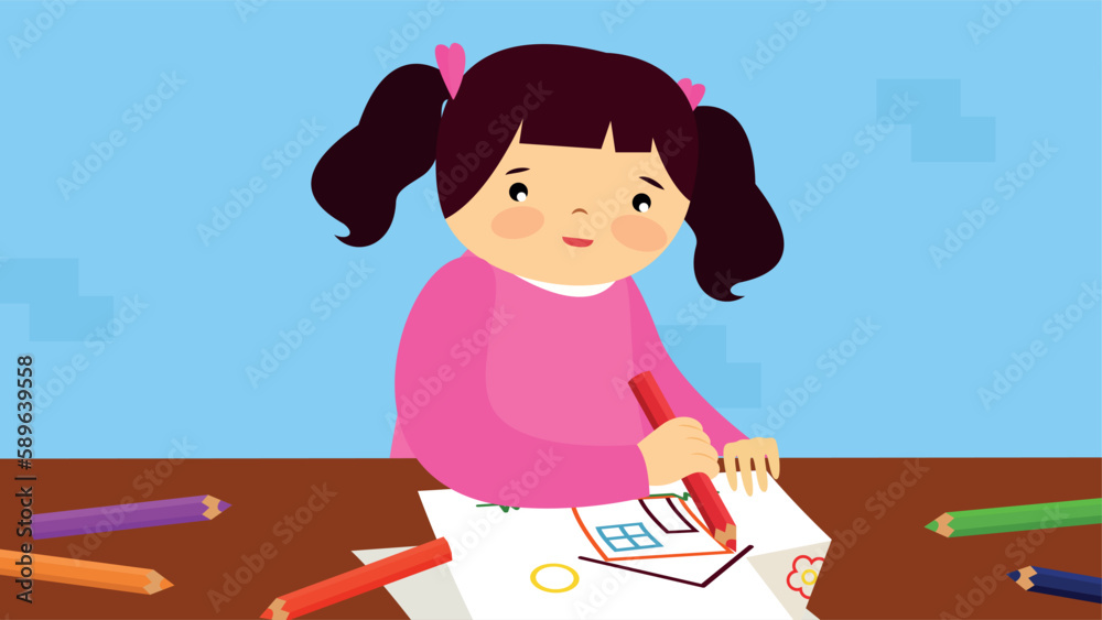 Cute little girl drawing with pencils. Vector illustration in flat style Cute little girl drawing with pencils. Vector illustration in flat style