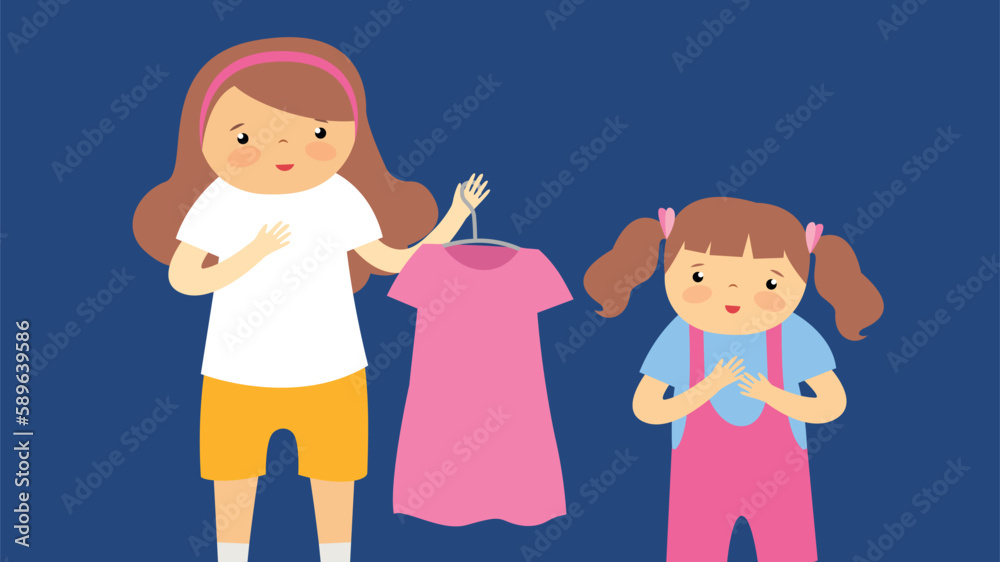 Vector illustration of a little girl trying to choose a dress for her mother.