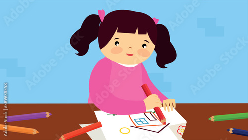 Cute little girl drawing with pencils. Vector illustration in flat style