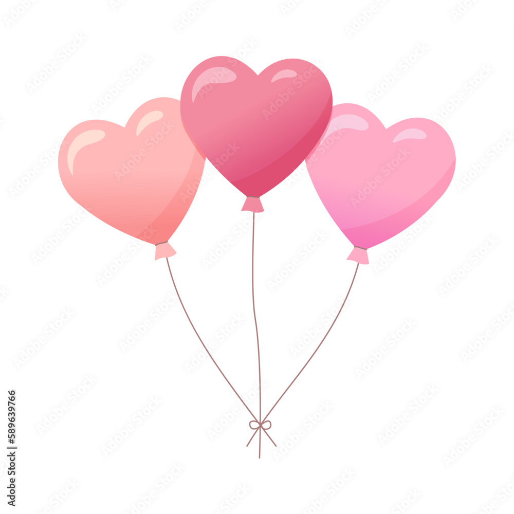 Hearts balloons with rope. Hearts balloons for birthdays, parties, and weddings. Cute flat vector illustration for celebration with a bunch of balloons
