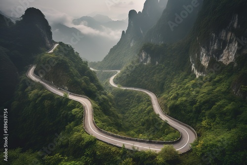 The winding road of Tianmen mountain national park. Generative AI